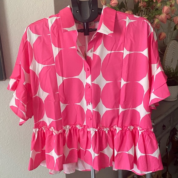 Umgee Tops - Umgee Pink and White Geometric Peplum Button Front Top